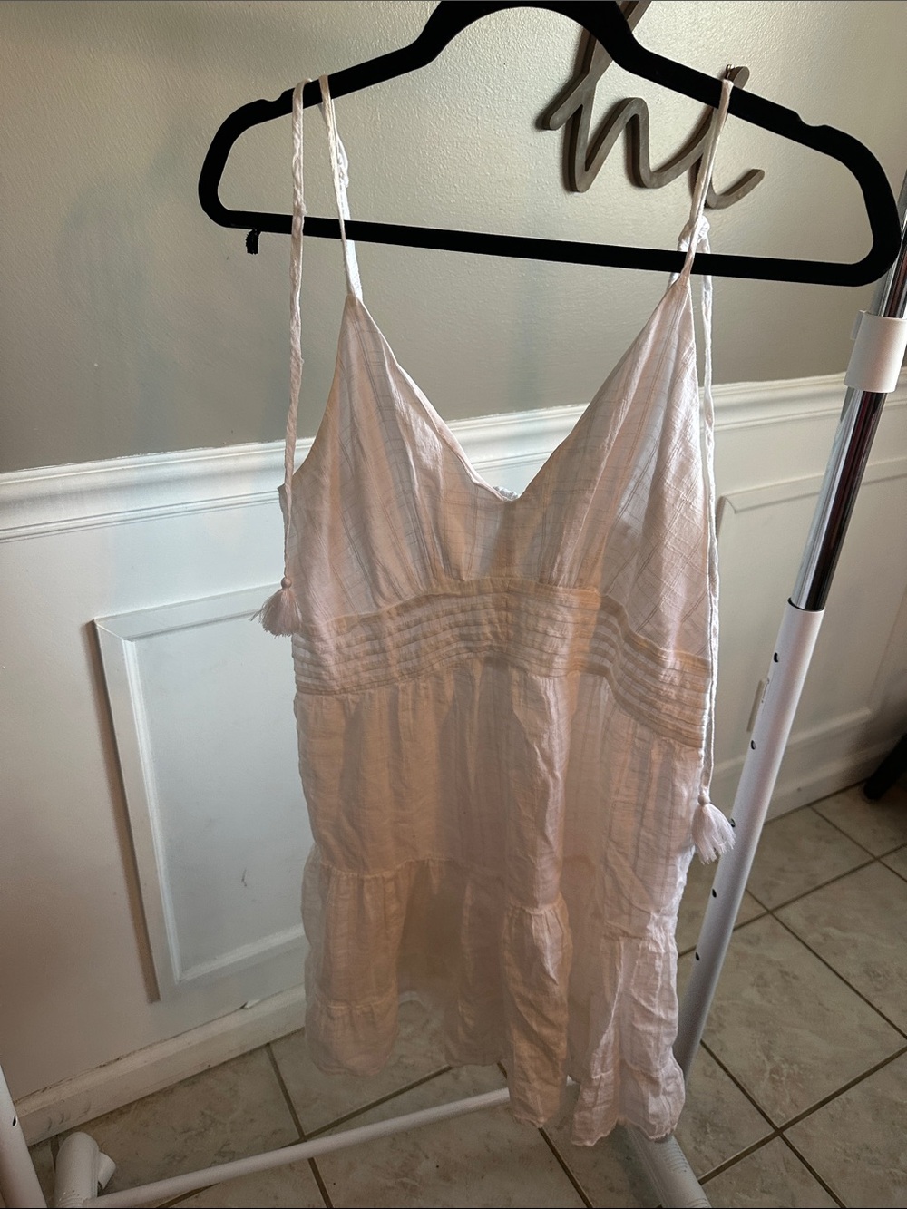 American Eagle Outfitters White Tiered Cotton Cami Dress with Tassel Ties
